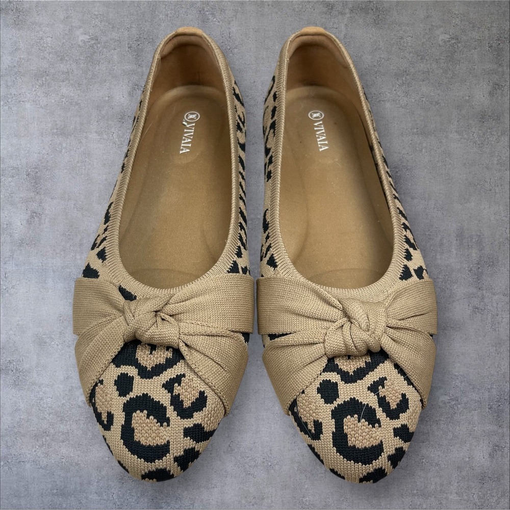 VIVAIA Leopard Print Ballet Flats Womens 43 Us 11.5-12 Almond Toe Bow Knot - Picture 3 of 9